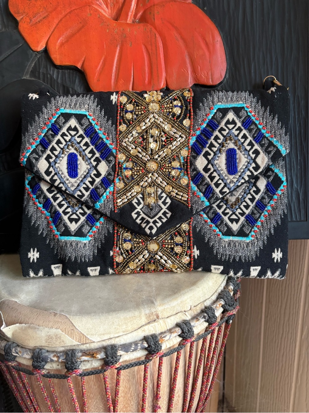 Black Embroidered Beaded Statement Clutch with Blue Accents